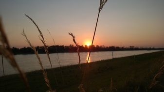 landscape of sunset over the river in dusseldorf