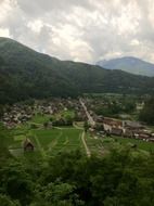 Village in scenic mountain valley, Japan, Shirakawa
