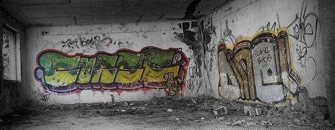 graffiti on the walls of ruined building