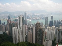 View from above of skyscrapers with the coast in Hong Kong