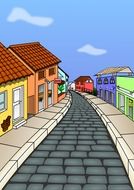drawing of a street in a village near a market