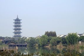 Tower on the background of a picturesque pond in China