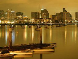 calm ocean port at night