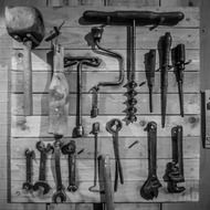 Black and white photo of the tools