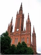 church with spire and clock, germany, wiesbaden