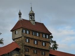 tall castle tower with a tiled roof