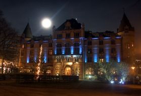 grand hotel building at moony night, sweden, lund