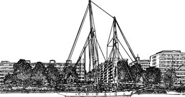 Black and white drawing of the ship in Aura River clipart