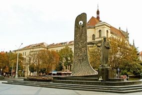 Autumn view of the monument to Taras Shevchenko in Lviv