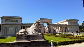 lion sculpture and colorful plants in front of Legion of Honor building of Fine Arts Museums, usa, california, San Francisco