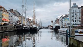 panoramic cityscape of moored ships on the canal in Copenhagen