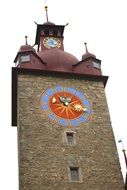 tower with red and blue clock