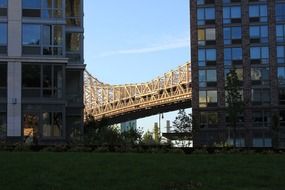 view of the bridge between two skyscrapers