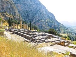 view of the greek delphi ruins under the bright sun