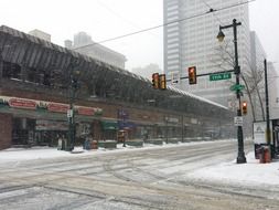 Snowy downtown of Philadelphia city