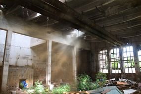 inside view of an old abandoned factory building