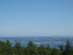 city at water skyline behind trees