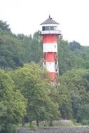 lighthouse on elbe among thick trees