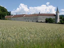 green field in front of medieval fortification