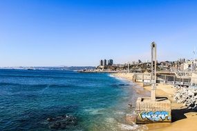 landscape of blue sea and city buildings on a coast