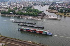 cargo merchant ships on the river Rhine, Germany