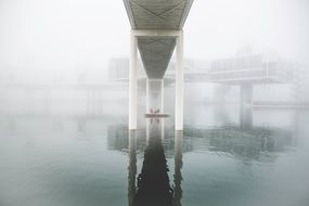 Reflection of large bridge in the water at foggy day