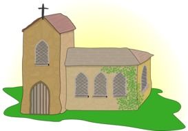 children's drawing of a church on green grass