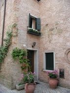 potted flowers at door in backyard, italy