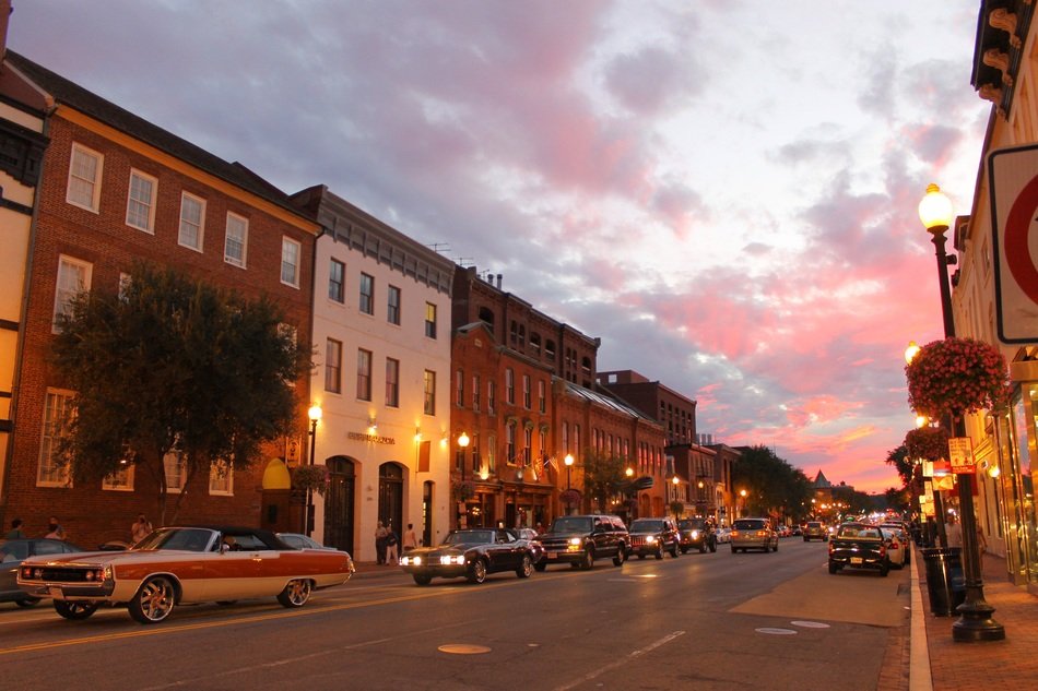 traffic on street at sunset, usa, washington, georgetown