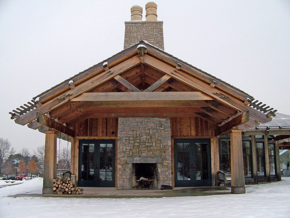 building with a fireplace in winter