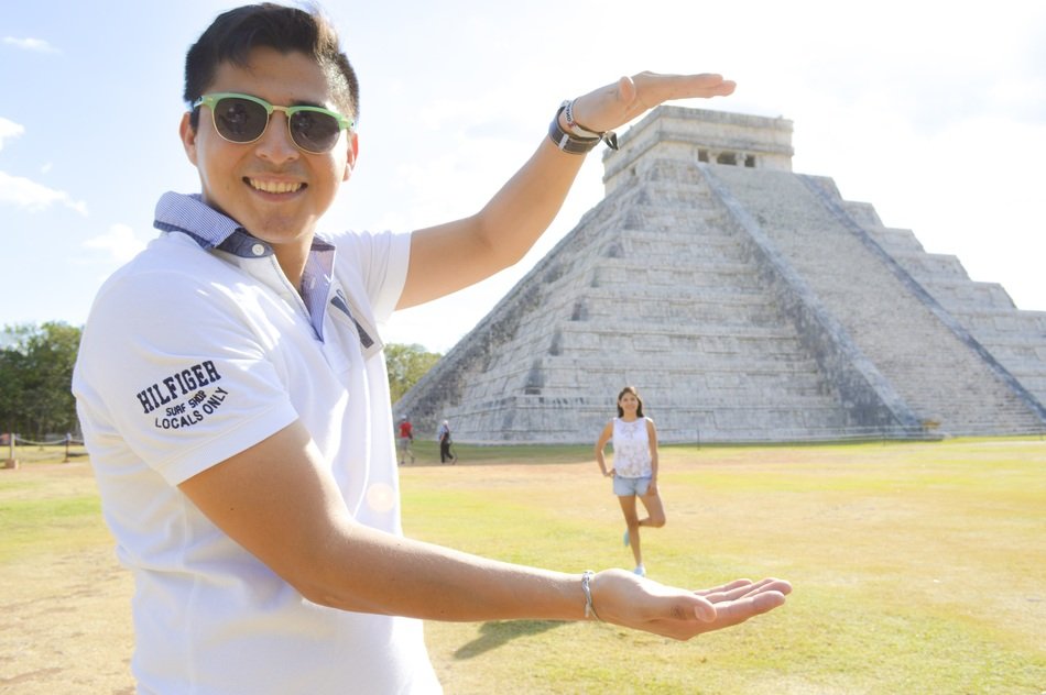 Picture of man and Maya pyramid