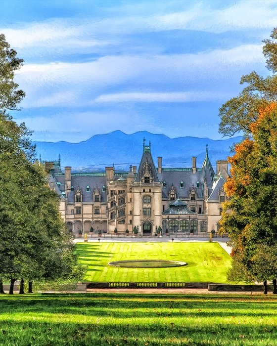 Amazing mansion in a green garden in sunny day, carolina, asheville