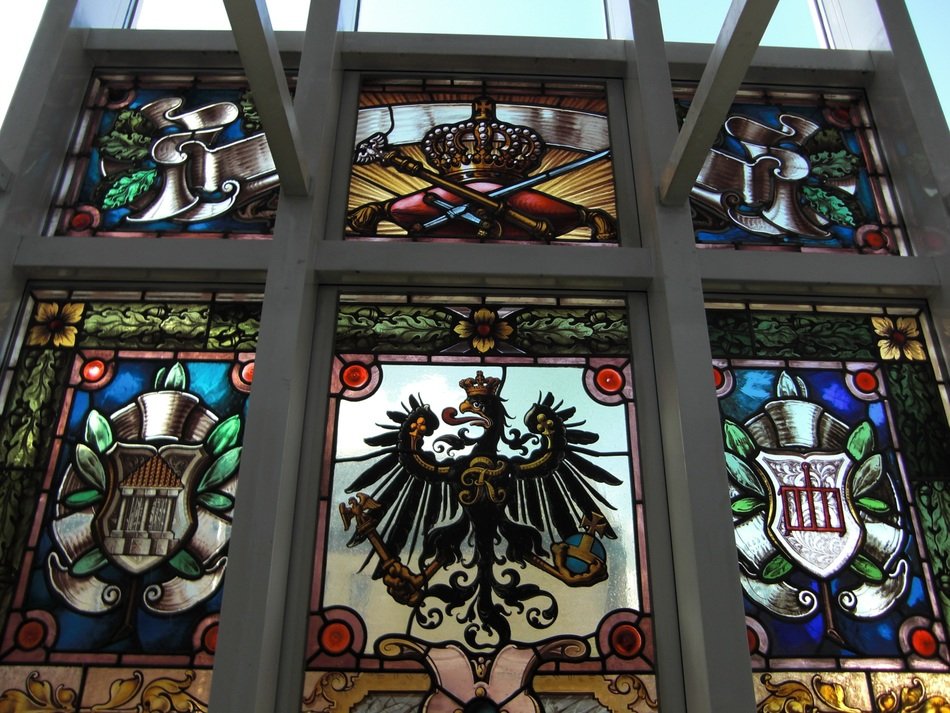 stained glass window with coats of arm, germany, flensburg