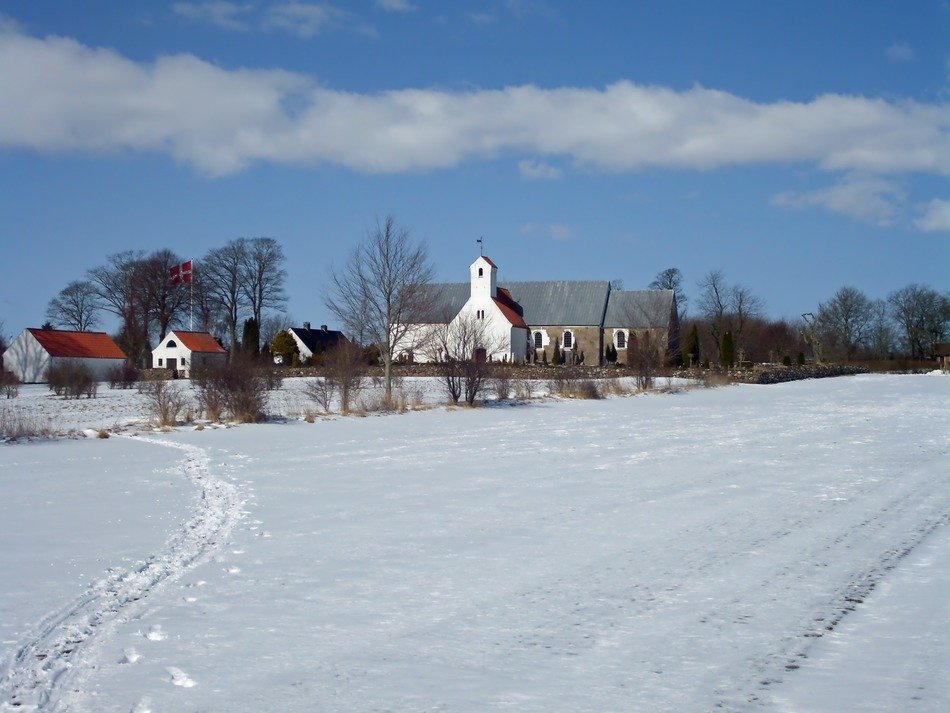 church in village at winter, denmark, todbjerg
