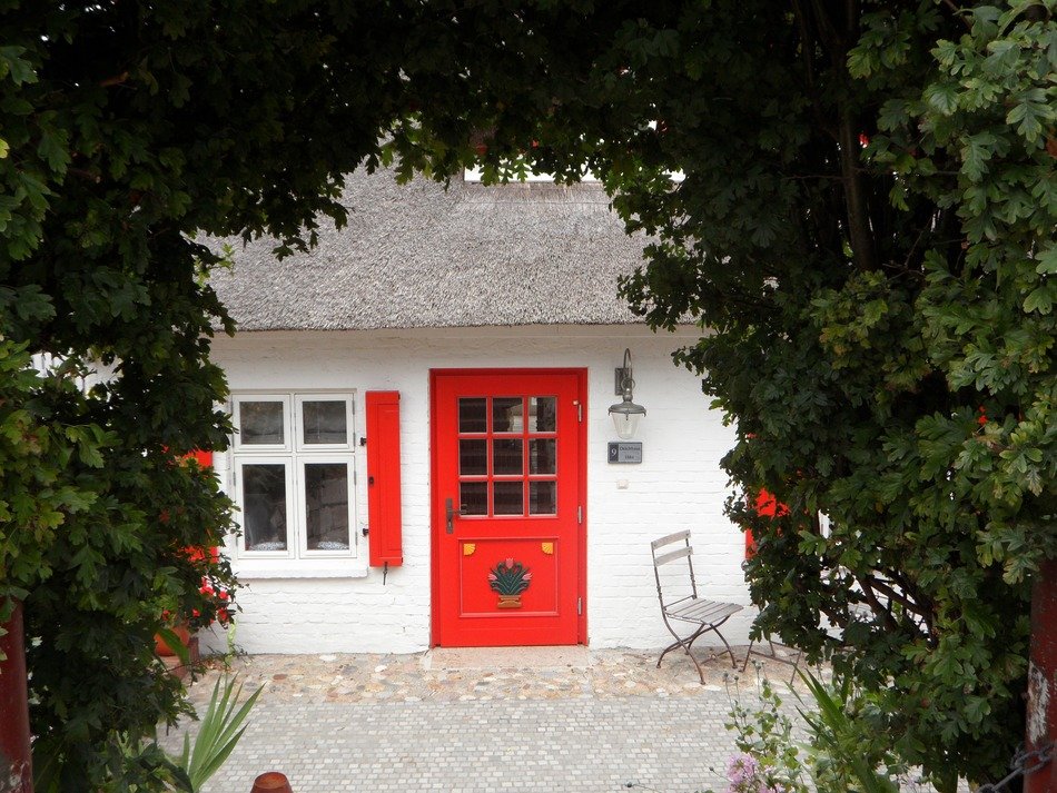 white cottage with a red door among the trees in Darse