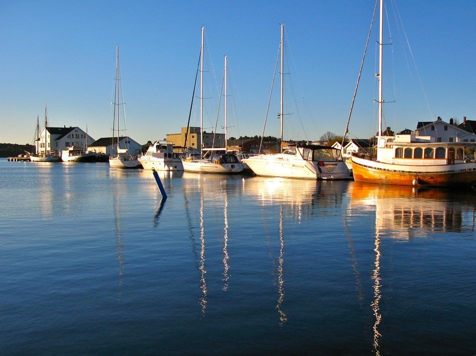 boats at coast, sunny morning, norway