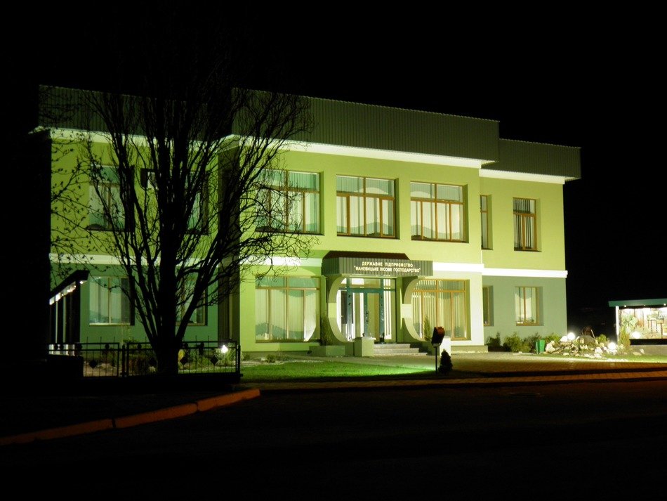 building at night in poland