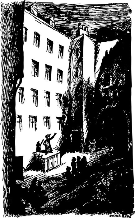 speaker in front of crowd, vintage drawing
