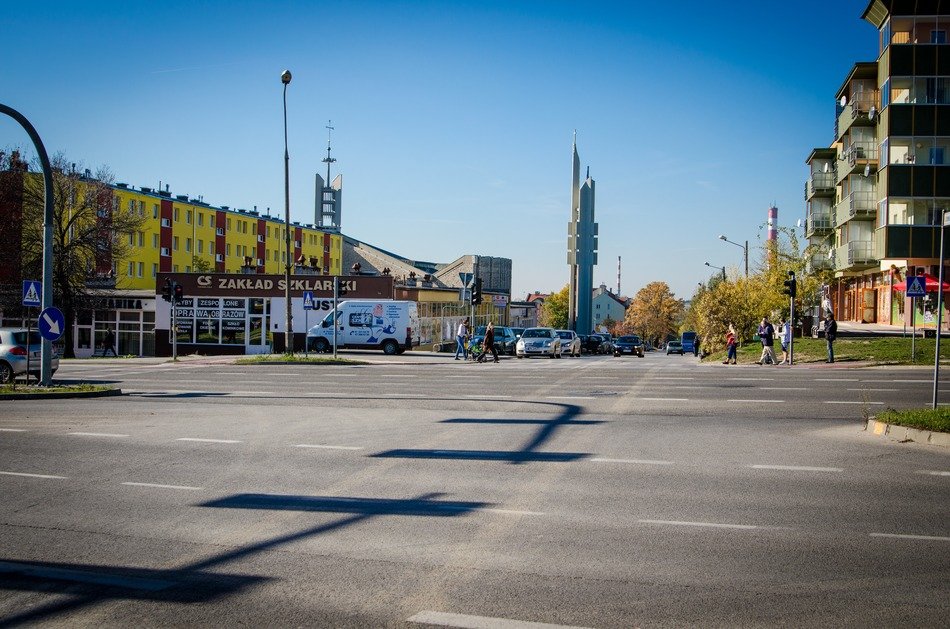 church tower at the end of the street in poland