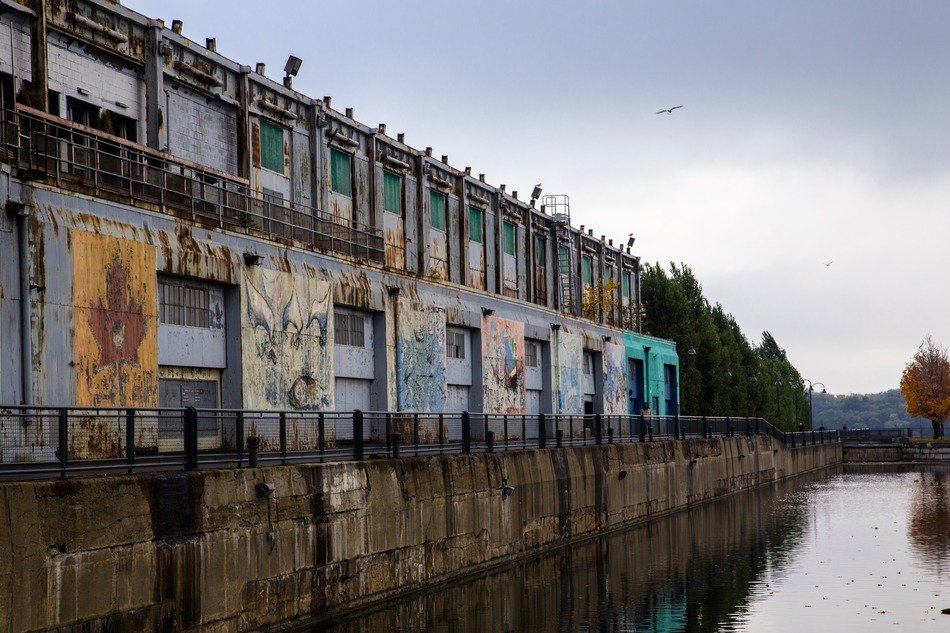 abandoned hangar on a channel in Montreal