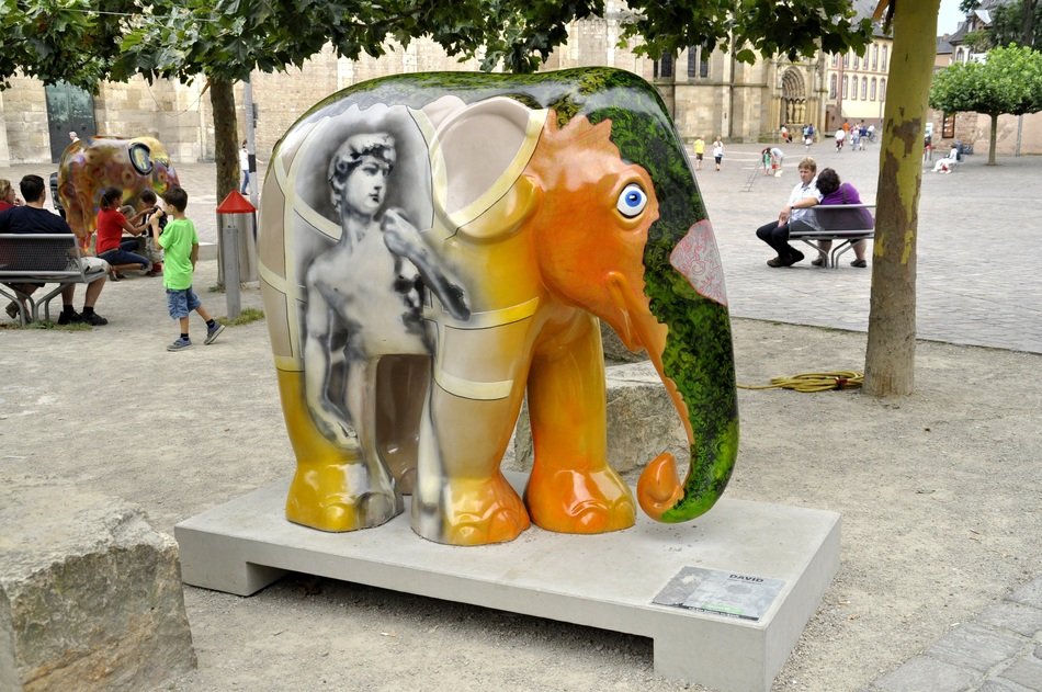 colorful elephant, contemporary statue in park