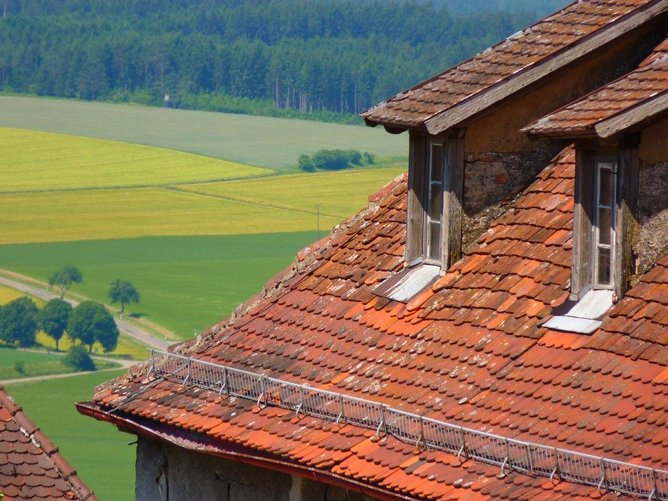 brick roof of the house on the background of green field
