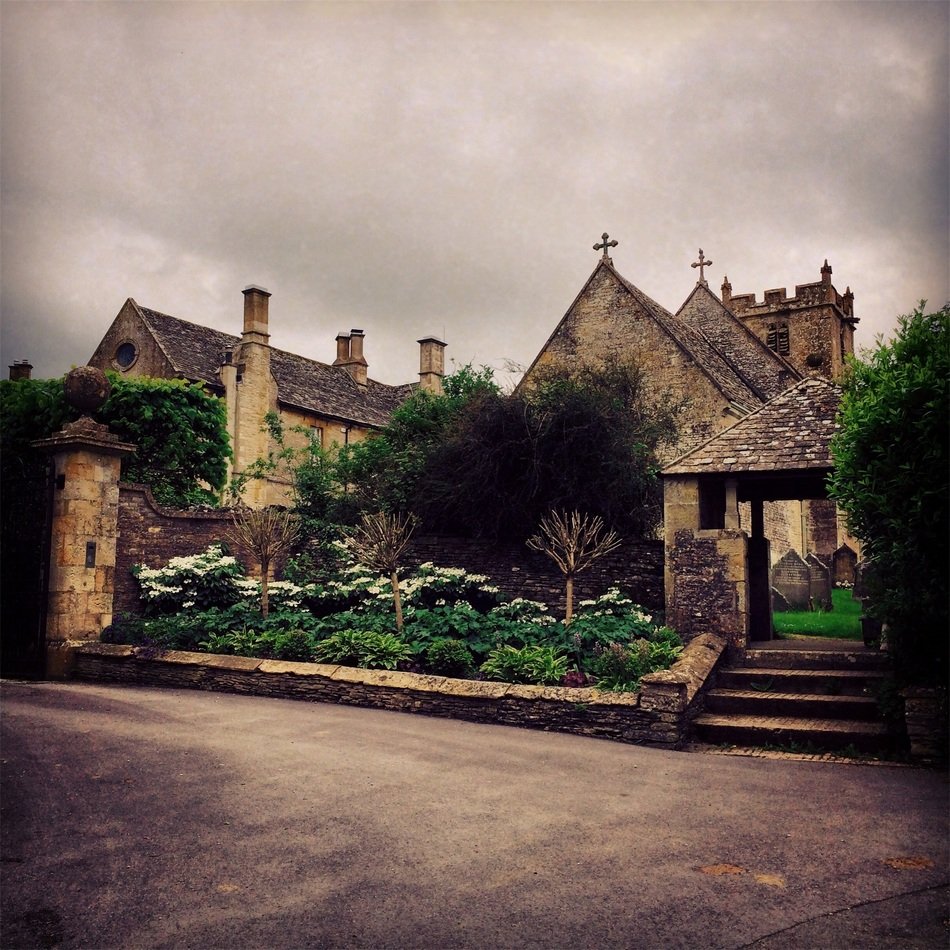 trees and steps in front of the church