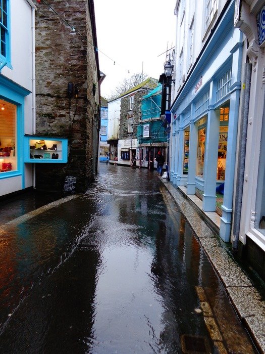 rain on the streets of the village Fowey, Cornwall