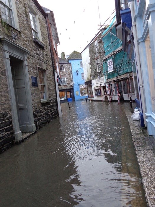 flood on the streets of the village Fowey, Cornwall