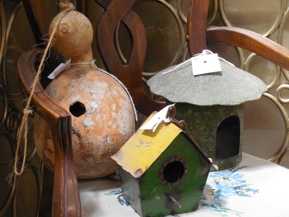 Colorful birdhouses made of metal