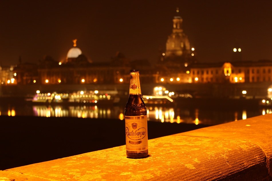 radeberger beer dresden at night close-up