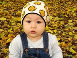 asian baby boy looking straight, yellow autumn leaves at background