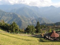 pavilion on walk path in scenic mountains, taiwan, Taichung