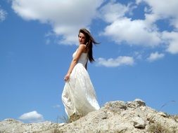 beauty angel girl white color dress cloud white sky